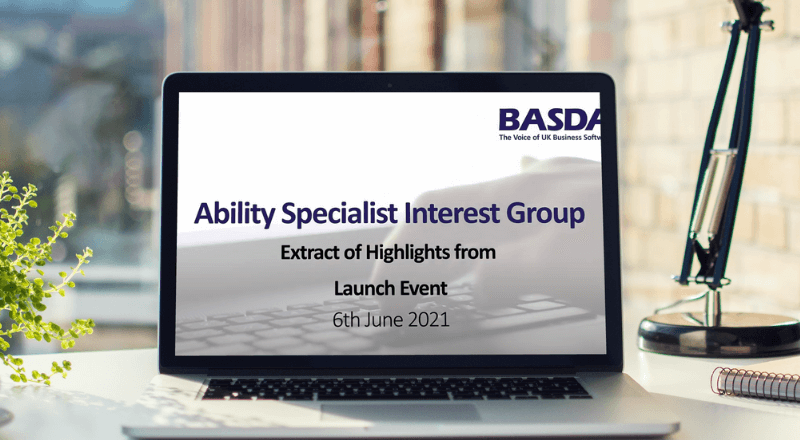 laptop with BASDA Ability Specialist Interest Group Launch webinar on the screen